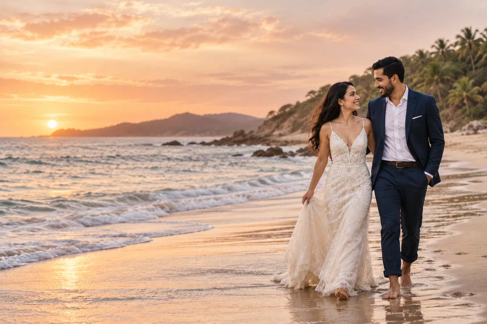 Pareja de recién casados camina junto al mar al atardecer en una playa del Pacífico mexicano