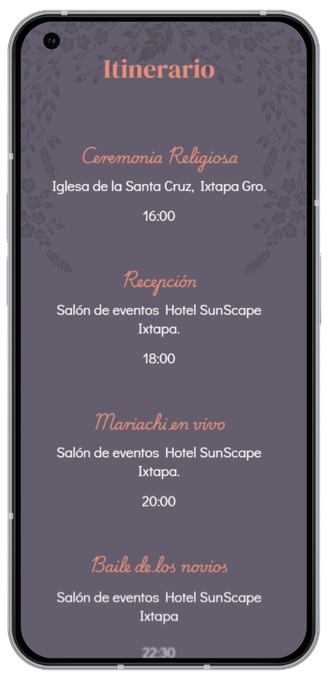 Itinerario de una boda consultable desde una invitación digital en el celular