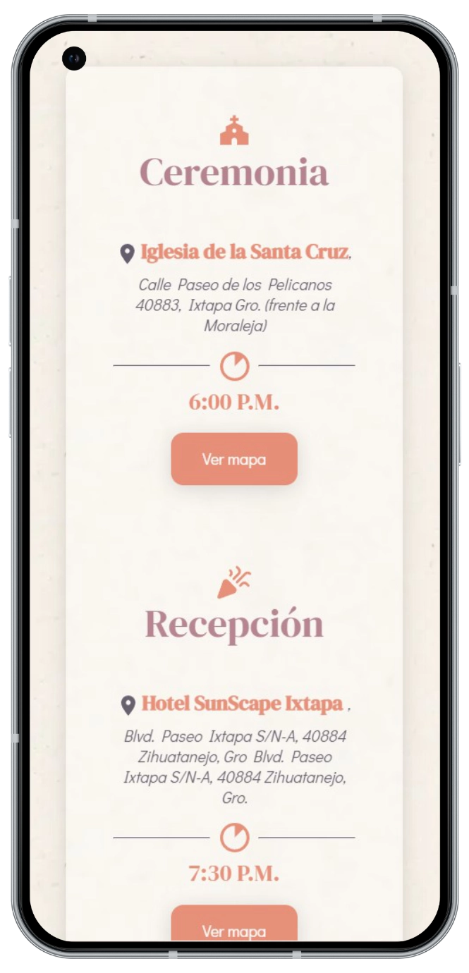 Ejemplo de una invitación digital con la ubicación y el horario de ceremonia y recepción